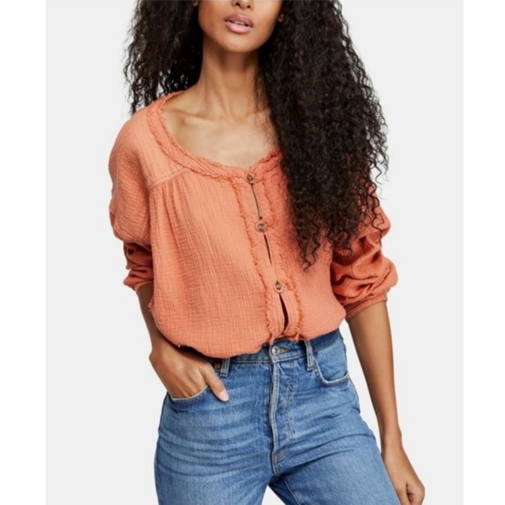 Free People We The Free Moving Mountains Oversized Button Front Gauzy Shirt Top